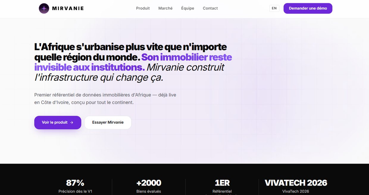 Page d'accueil du site Mirvanie : titre noir et violet sur fond clair, chiffres clés sur bandeau noir.